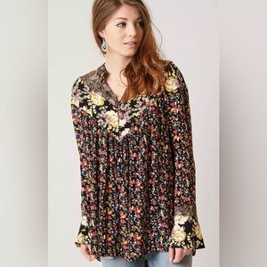 Free People Wildflower Fields Tunic Henley Top Black Floral Size Small